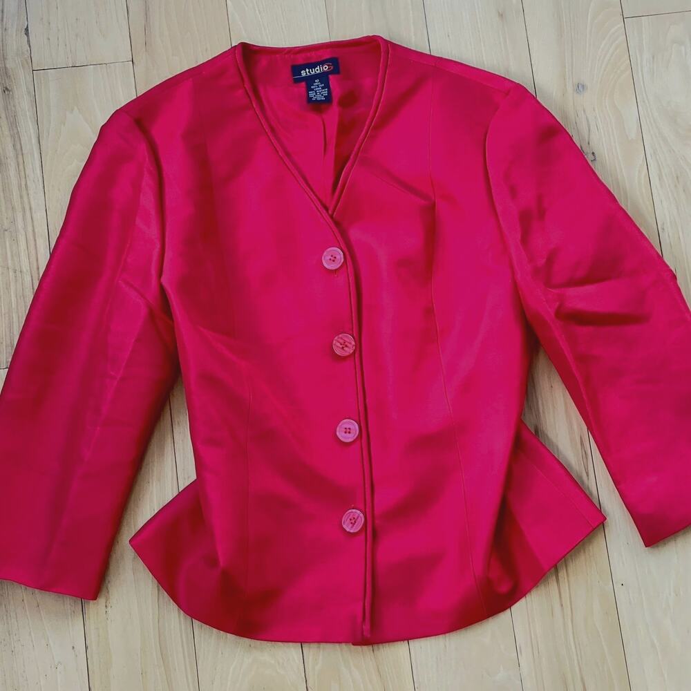True VTG 100 Silk Red Button Down Blazer Jacket Old Money Dopamine Chic - 10